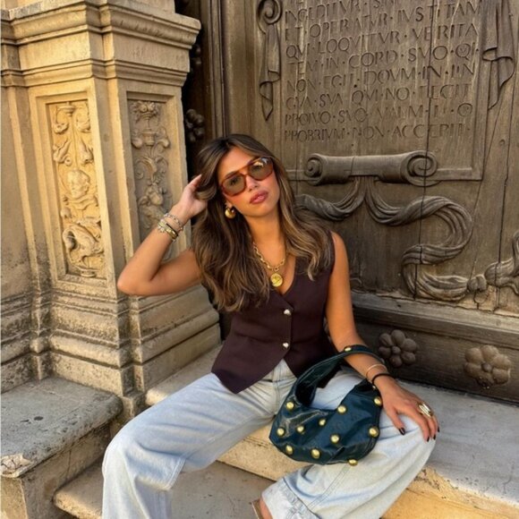 ZARA BASIC KNIT GOLD BUTTON TOP - Picture 3 of 8